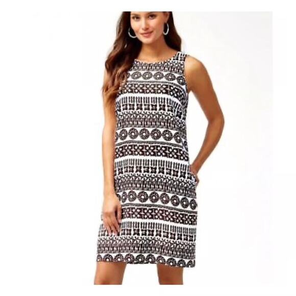 NEW Tommy Bahama Linen Dress White Brown Java Tahiti Tango Shift Dress Medium - Picture 1 of 12